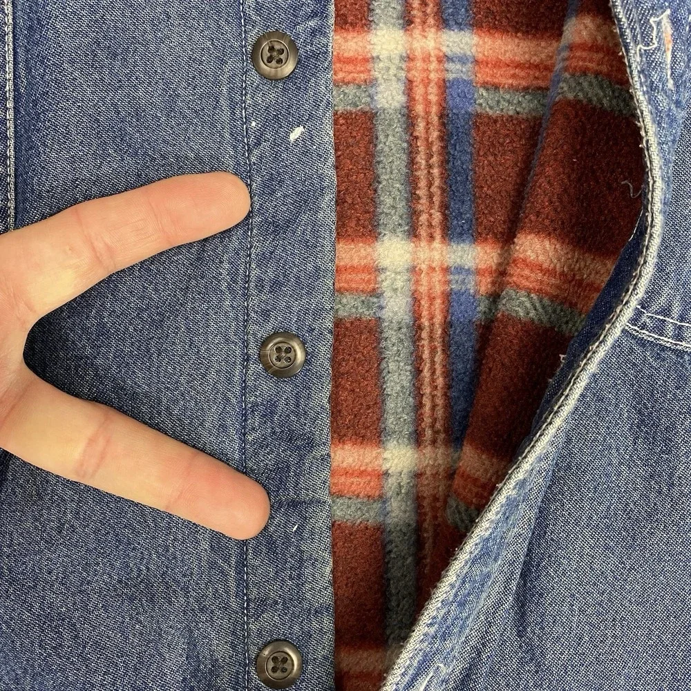 Vtg Stanley Denim Shirt Jacket Mens Sz XXL Blue Plaid Fleece Lined Work Thrashed